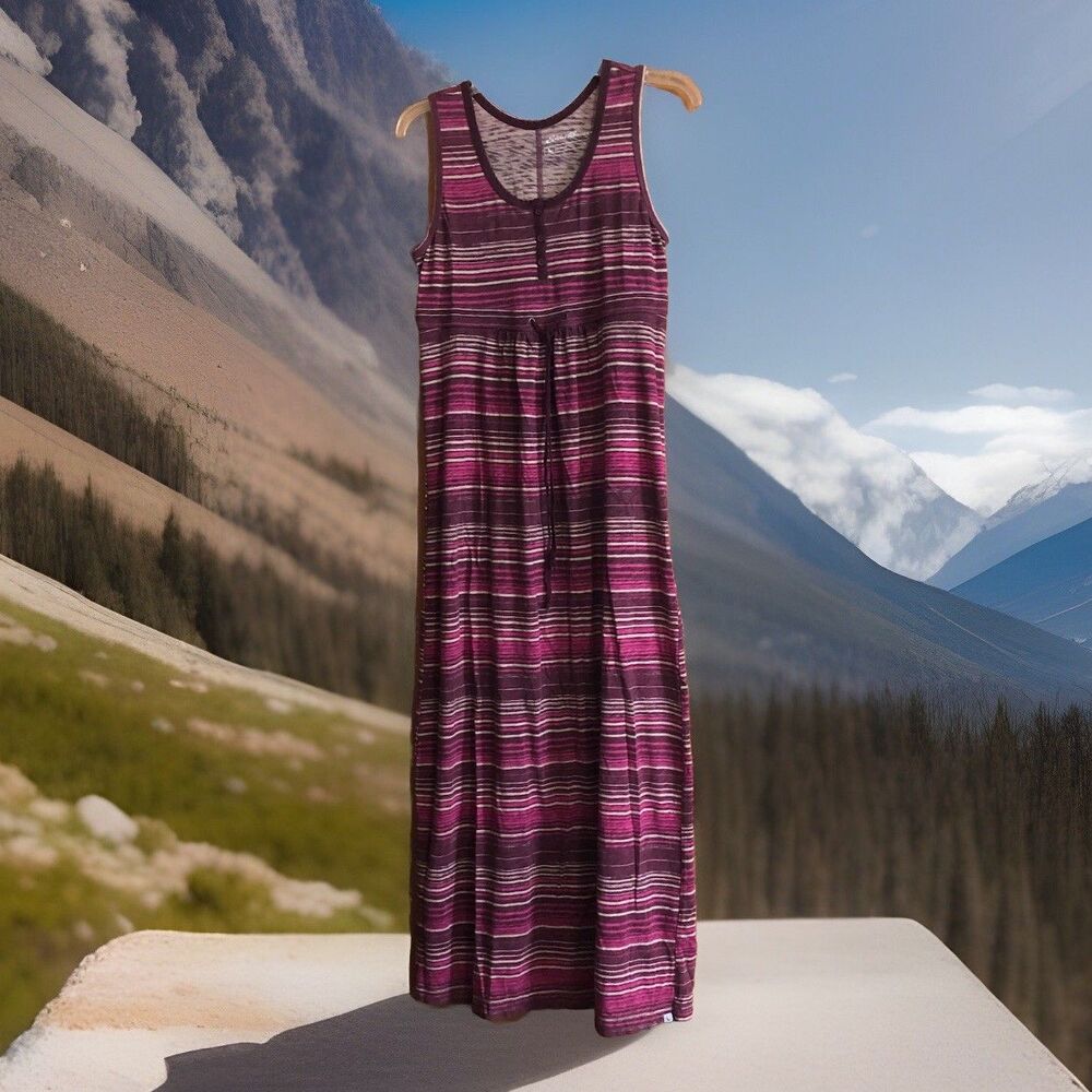 Eddie Bauer Outdoor Striped Tank Maxi Dress Plum Purple Draw String Waist Medium